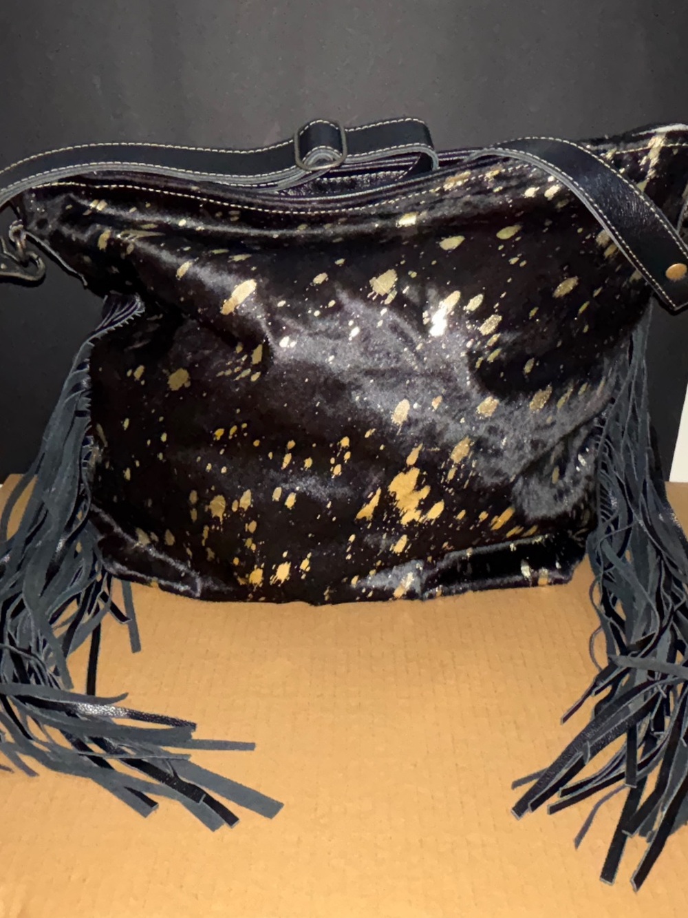 Myra Bag Black Shoulder Tote with Gold Splatter and Fringe